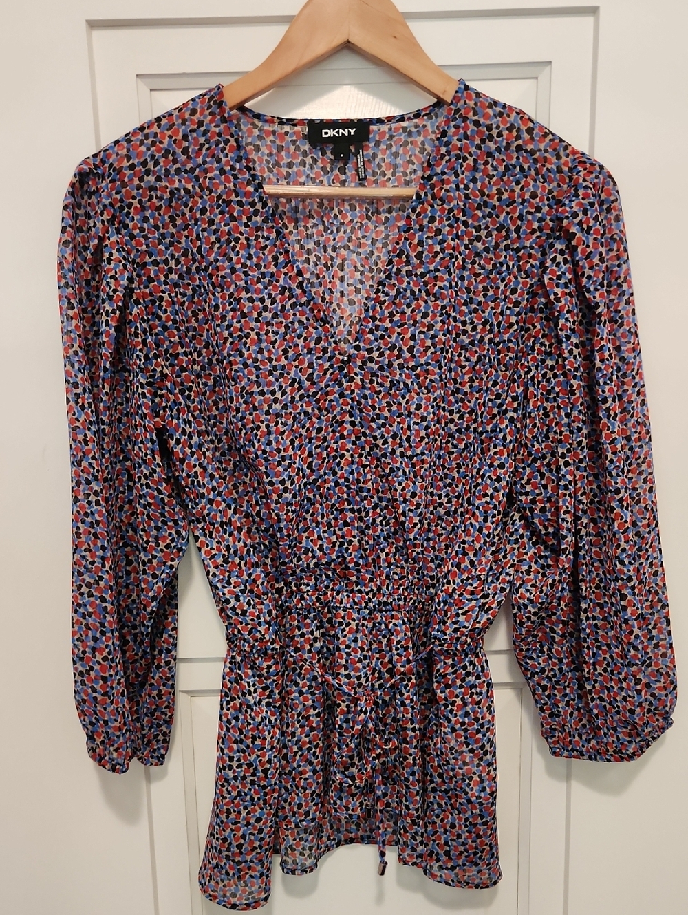 DKNY Blue Red Black Abstract V-Neck Drawstring Top